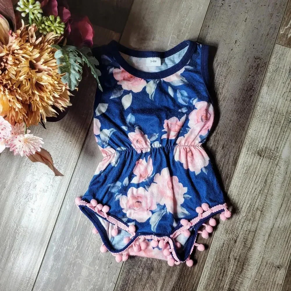 Baby Girl Blue and Pink Floral Pom Pom Trim Romper Size 3-6M